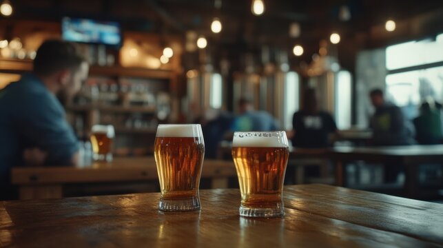 Alcohol consumption at a brewery with beer flight and rustic tables. Featuring craftsmanship and camaraderie