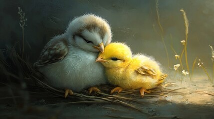 Two Baby Birds Huddle Together in a Nest