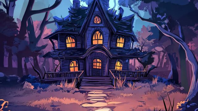 Mysterious haunted house in the woods with glowing windows at twilight, haunted house in the woods, seamless ing video background, cartoon anime style