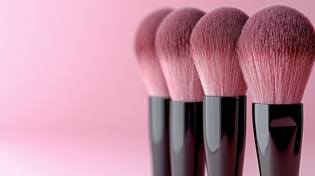 Pink blush brushes, beauty studio, soft background, makeup tutorial