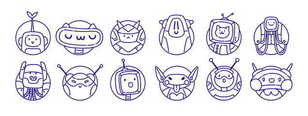 Fototapeta premium Round contour avatars of cute robots set. Circle portraits of funny AI characters. Lineart faces of cyborgs, humanoid machines for profile. Outline isolated vector illustrations on white background
