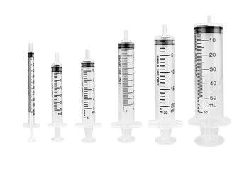 Set of medical syringes in different sizes, isolated on a white background. Transparent design with...