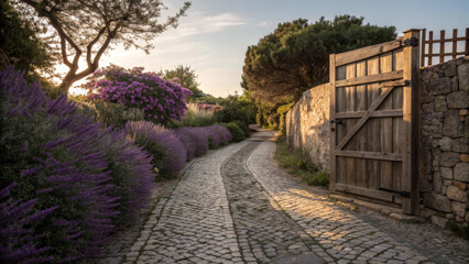 Obraz premium Cobblestone pathway through lavender bushes to wooden gate