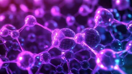 Obraz premium Molecular Network: An intricate macro shot of a complex network of interconnected molecules, visualized with a captivating mix of purple and blue hues.