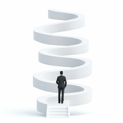 Man Climbing Abstract Spiral Staircase Symbolizing Progress and Growth