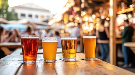 Alcohol consumption at a bustling food market stall with craft beer samples. Featuring energy and discovery