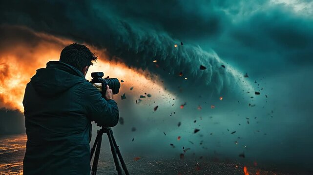 A storm chaser capturing a powerful tornado with a camera amidst a dramatic sky