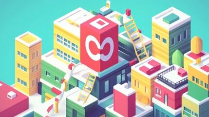 Colorful 3D cityscape with abstract buildings, ladders, and geometric shapes in a vibrant setting