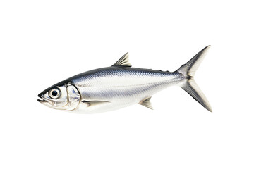 Fototapeta premium Fresh sardine fish with detailed scales and fins isolated on white transparent background, symbolizing canned seafood