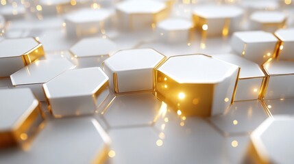 Elegant futuristic tech vector: Gold hexagonal patterns on white, abstract design