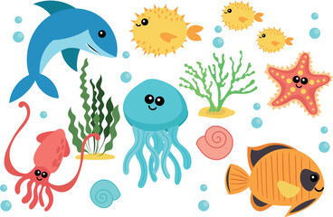 Set of sea life elements. Sea animals. Vector set of marine life objects for your design.