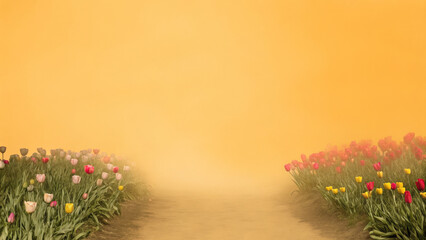 Narrow dirt path winding through a misty tulip garden