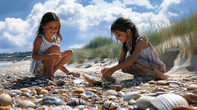 Children exploring and collecting seashells on a sunny beach in summer