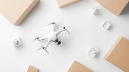 Fototapeta premium Aerial view of a white drone surrounded by various packaging materials on a clean surface