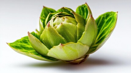 A single, detailed sprout, on a pure white background, highlighting its natural imperfections with professional studio lighting