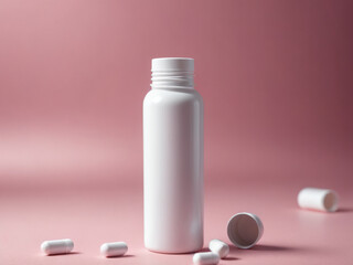 Blank White Squeeze Bottle and Plastic Tube on Pink Background – Packaging Mockup for Pills and Supplements