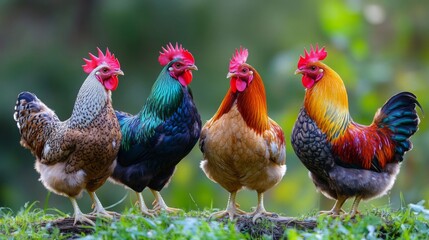 Fototapeta premium Four Colorful Roosters in a Row Outdoors