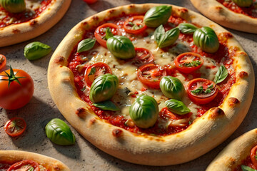 The image showcases a freshly baked Margherita pizza with a golden, slightly charred crust.