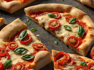 The image showcases a freshly baked Margherita pizza with a golden, slightly charred crust.