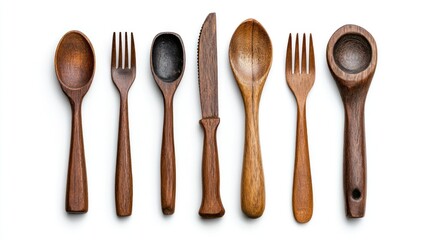 A single, detailed wooden cutlery set, on a pure white background, highlighting its natural imperfections with professional studio lighting