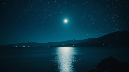 Moonlit Reflections, Serene night scene with celestial bodies over water