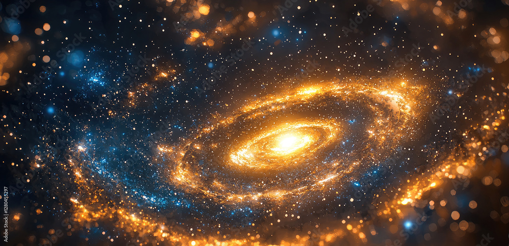 Poster a close-up of the golden spiral galaxy, its bright stars creating an enchanting and cosmic backgroun