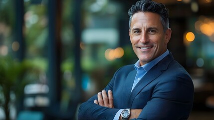 Fototapeta premium Confident experienced corporate business executive in a suit and tie smiling warmly with arms crossed against a blurred professional office or workplace background