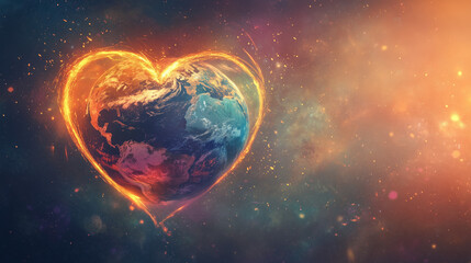 Earth Day glowing heart-shaped planet in cosmic space, symbolizing love for nature, International Mother Earth Day, and global environmental protection