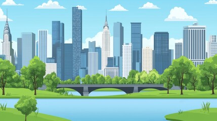 Fototapeta premium Scenic city skyline with lush greenery, serene river, and vibrant blue sky showcasing urban life and nature balance in illustration