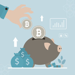 Hand putting bitcoin into piggy bank. Crypto currency savings concept. Investor throwing bitcoin into piggybank. Asset management. Deposit, finance, investment concept.