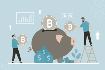 Businessman putting bitcoin into piggy bank. Crypto currency savings concept. Investor throwing bitcoin into piggybank. Asset management. Deposit, finance, investment concept.