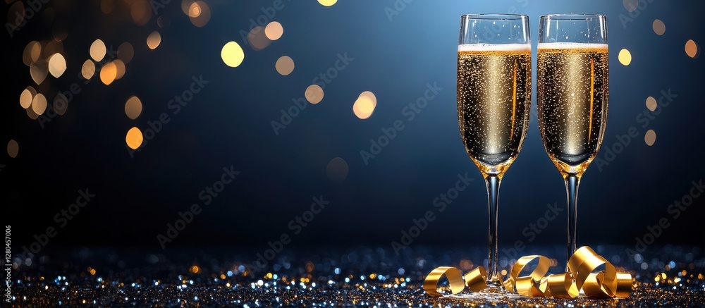 Poster sparkling champagne toast for celebration with bokeh background and golden streamers on a table for 