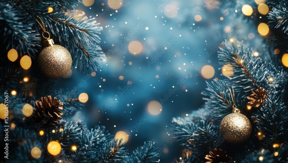 Poster sparkling christmas ornaments and pine cones on snowy evergreen branches in a beautiful festive back