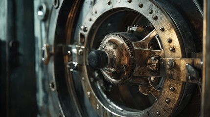 Detailed view of vintage metal mechanism with gears and rivets showing intricacy