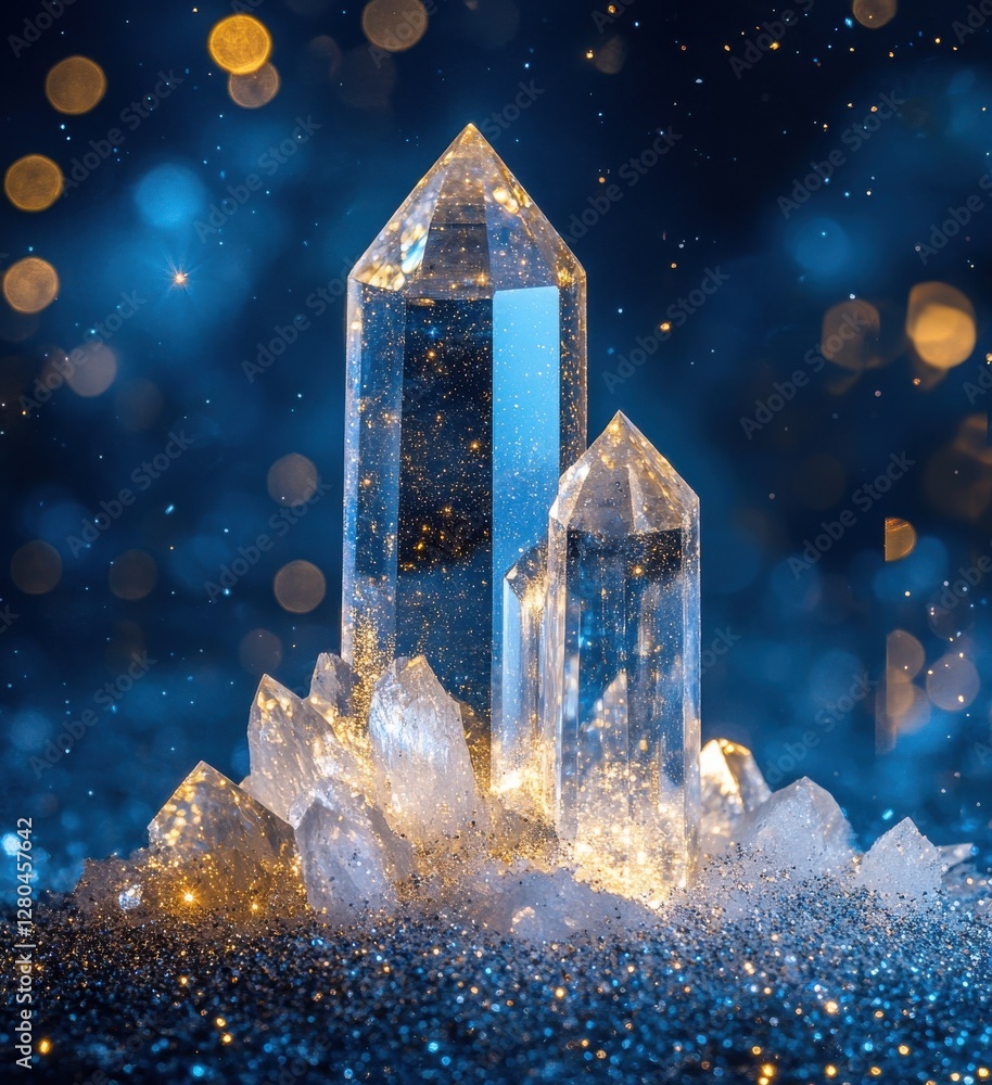 Poster sparkling clear crystals on a glittering blue background illuminated by soft bokeh lights creating a