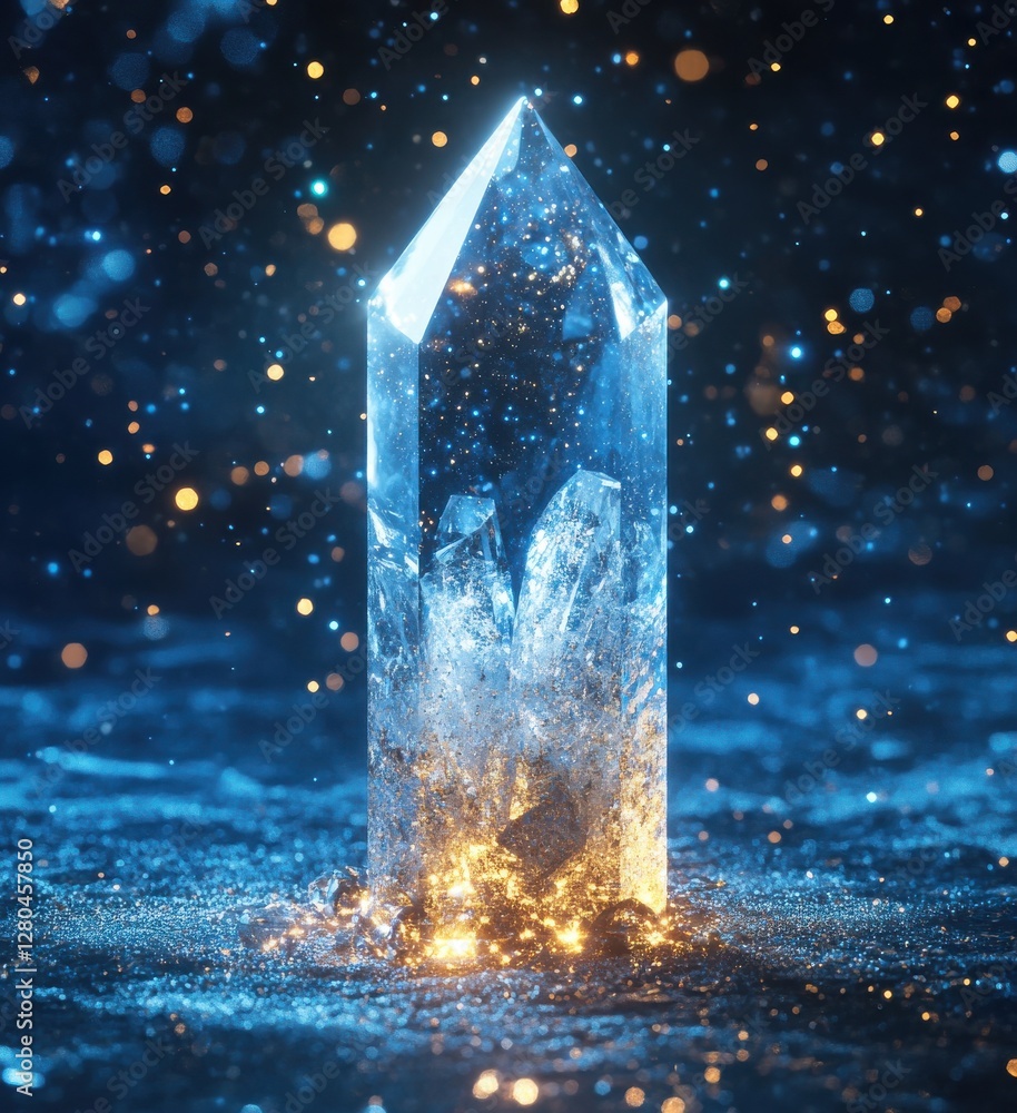 Poster sparkling crystal tower with glowing base and twinkling particles illuminating a mystical atmosphere