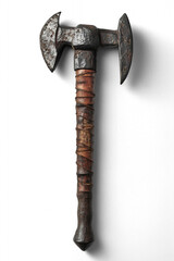 Rustic dual-bladed battle axe with leather wrapped handle