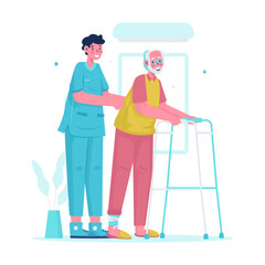 Illustration of nurse with elderly patient doing walking therapy vector design