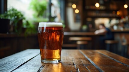 Alcohol consumption at a casual pub with craft beer and wooden tables. Featuring camaraderie and leisure