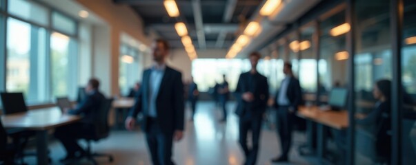 Blurred figures in business attire, fast-paced office environment,  teamwork,  style,  design