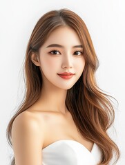 Naklejka premium Beautiful Woman Portrait Long Brown Hair Skincare Beauty