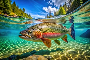 Rainbow trout's vibrant colors, painted across the lake's depths, seen from above.