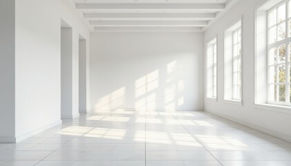 Fototapeta premium Bright, airy space; white walls, geometric tiling, sanitary, bathroom