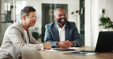 Office, business people and video call with laptop for meeting, investment project and discussion....