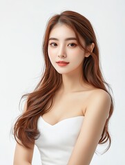 Fototapeta premium Beautiful Woman Long Brown Hair White Dress Portrait