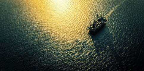 High angle view of an offshore oil drilling platform surrounded by deep blue waters at sunset.