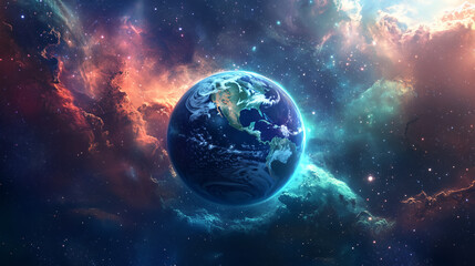 Fototapeta premium Earth Day cosmic view of Planet Earth in deep space with glowing nebula, symbolizing environmental protection, International Mother Earth Day, and global sustainability awareness