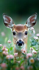 Timid deer looks back while surrounded by colorful wildflowers in a serene meadow during golden hour