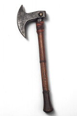 Rustic handcrafted viking axe with wooden handle and iron blade