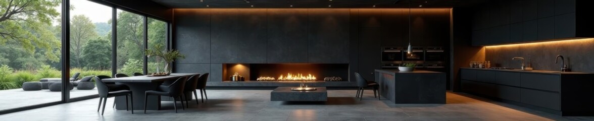 Obraz premium Dramatic open concept matte black kitchen with central fireplace & dining area, house, space